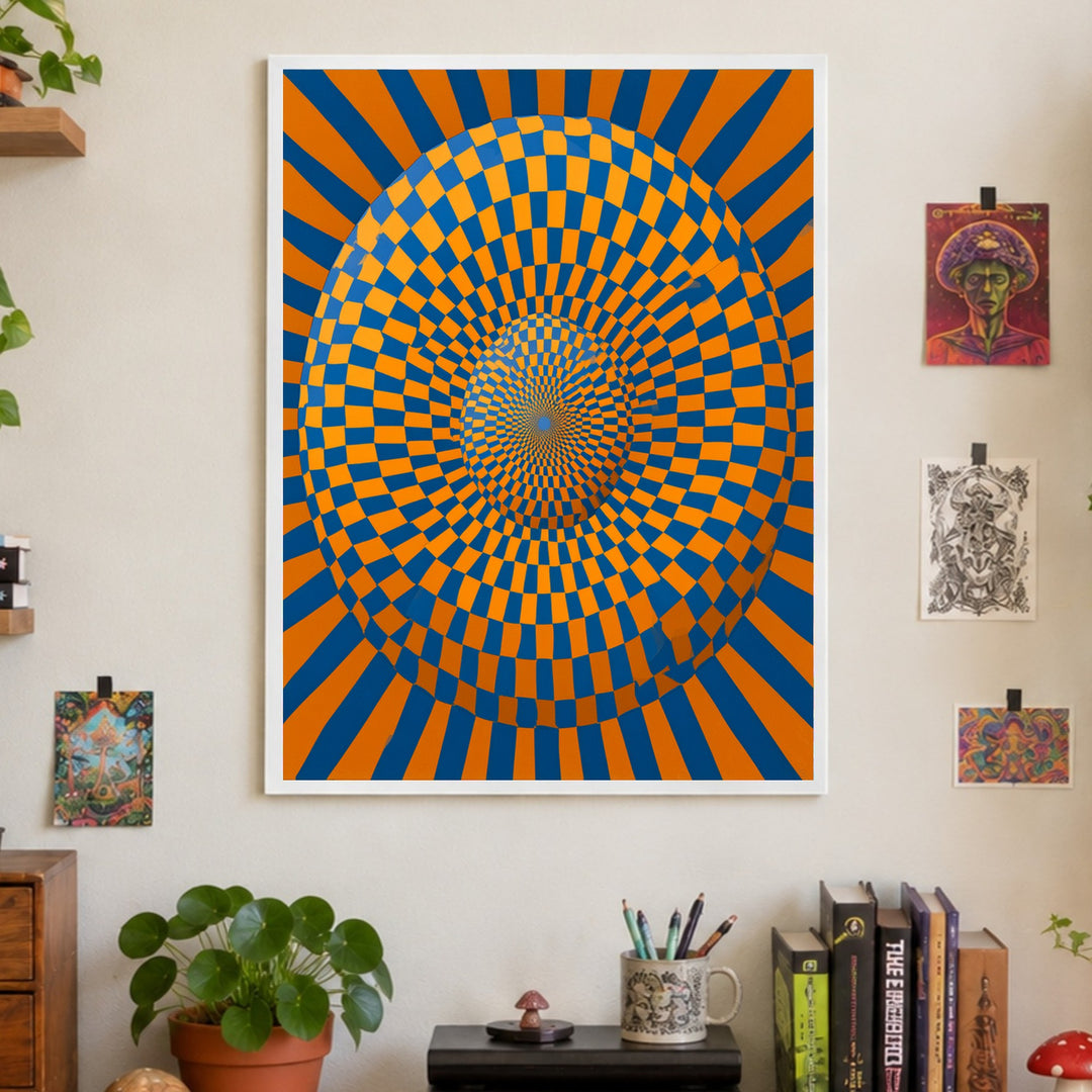 Psychedelische Spirale in Blau-Orange Poster – Weißer Rahmen – Produktfoto