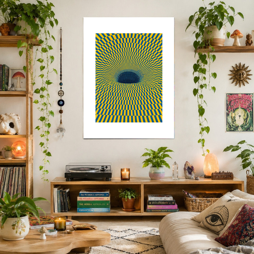 Psychedelischer Strudel in Gelb-Blau Leinwandbild – Zimmerszene