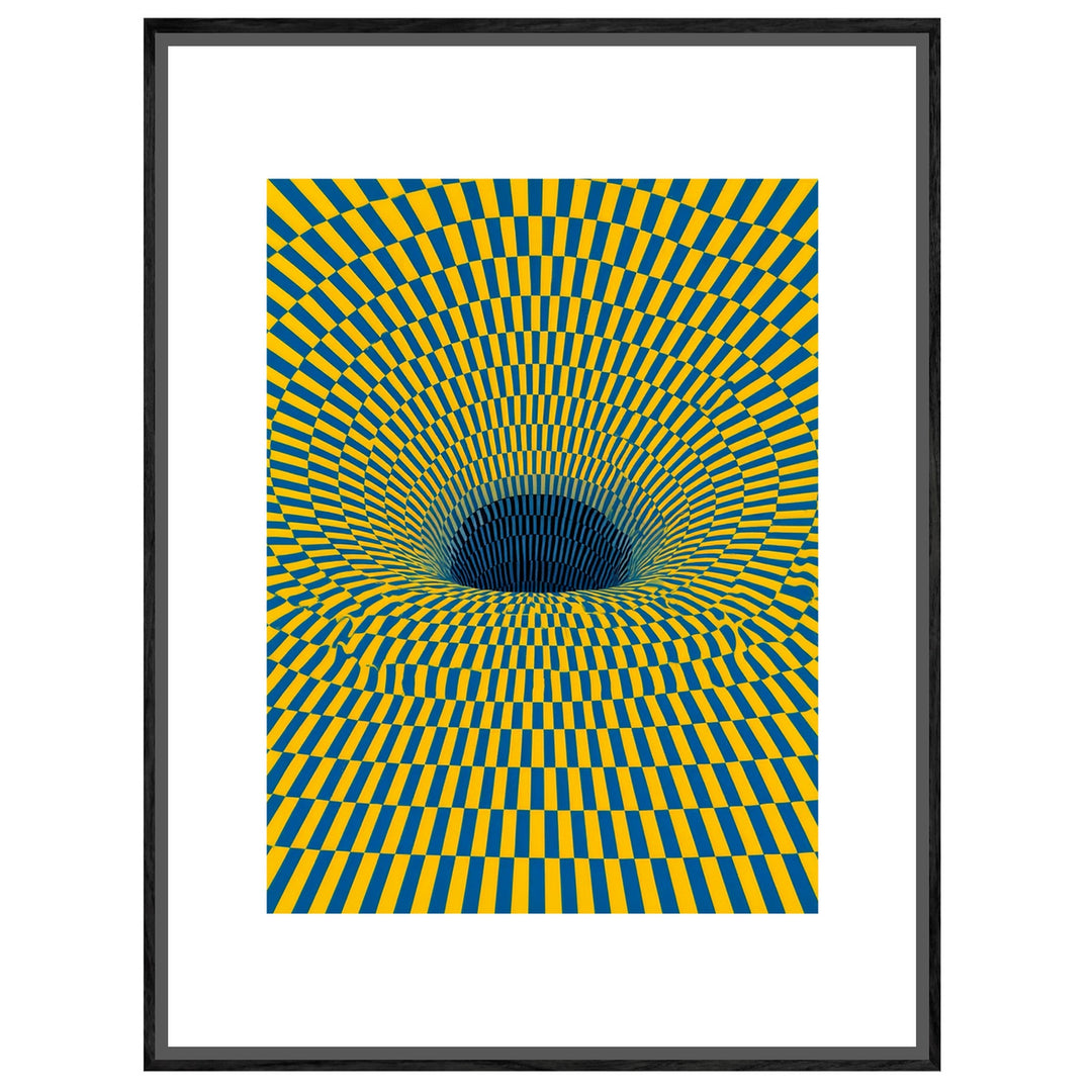 Psychedelischer Strudel in Gelb-Blau Leinwandbild – Schwarzer Rahmen – Wohnzimmer Mockup