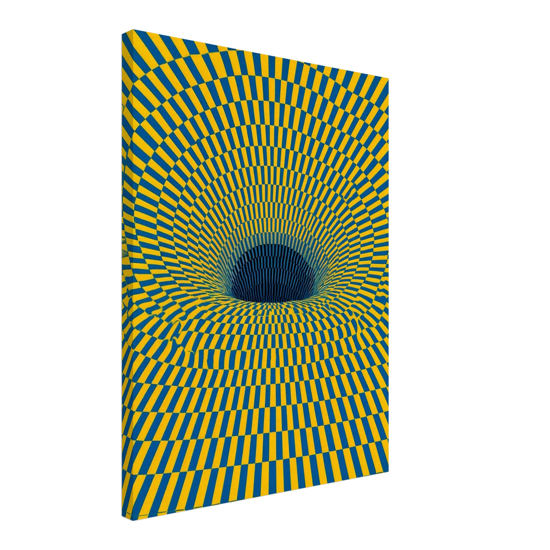 Psychedelischer Strudel in Gelb-Blau Leinwandbild – Schräge Ansicht – Produktfoto