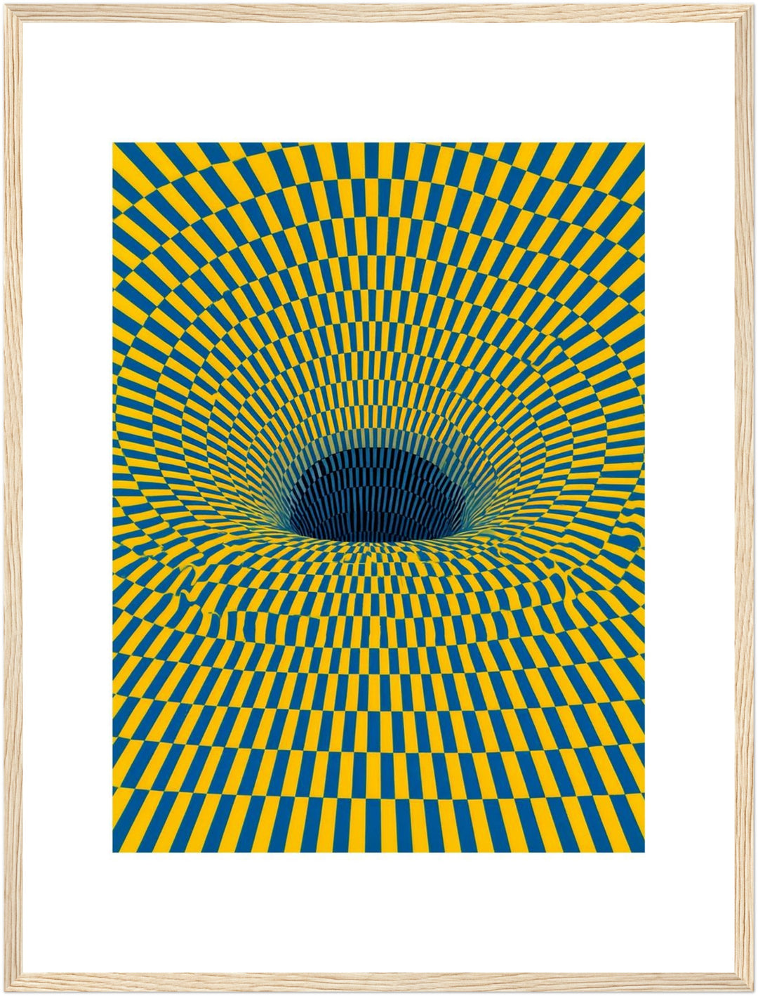 Psychedelischer Strudel in Gelb-Blau Poster – Holz natur Rahmen – Wohnzimmer Mockup