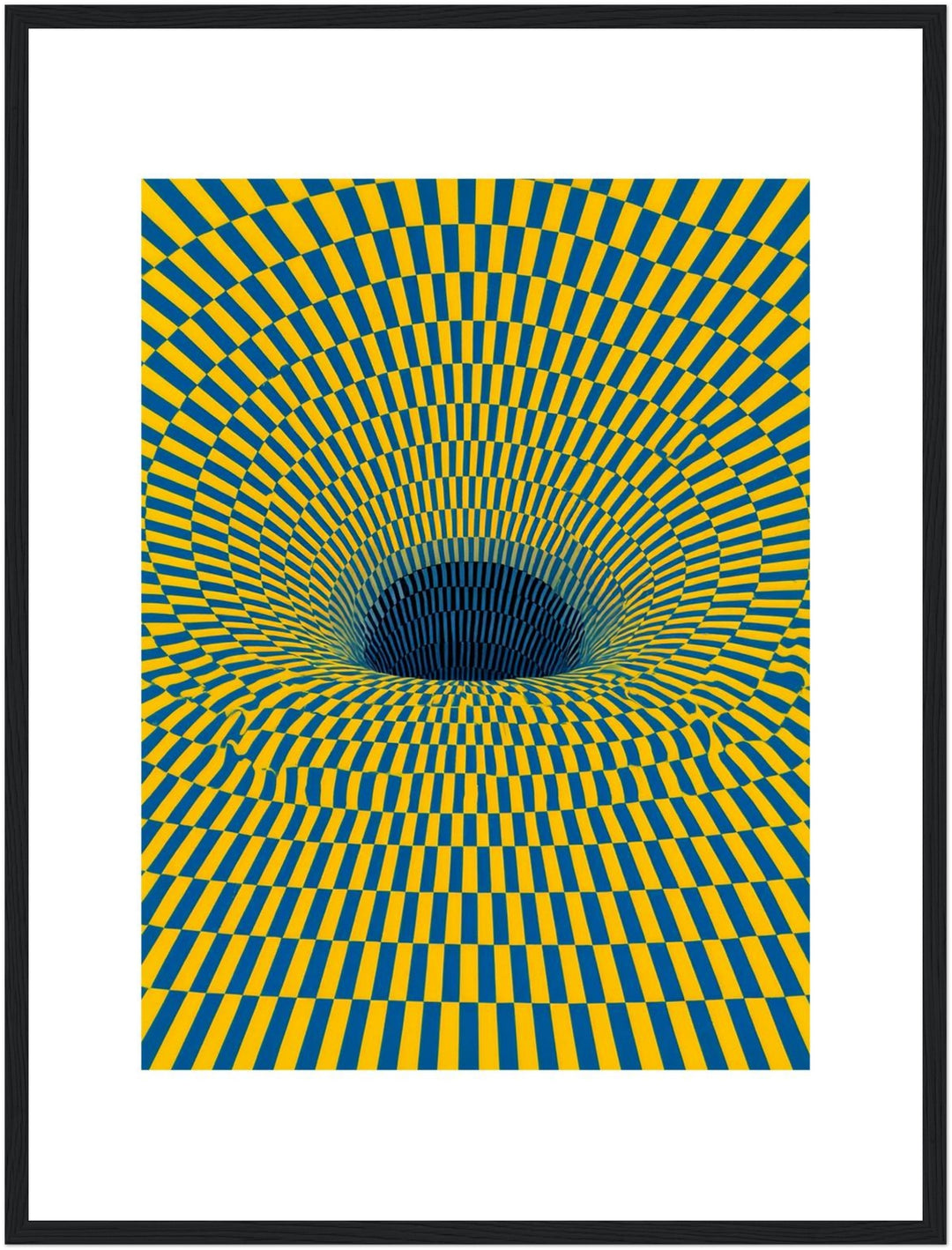 Psychedelischer Strudel in Gelb-Blau Poster – Schwarzer Rahmen – Wohnzimmer Mockup