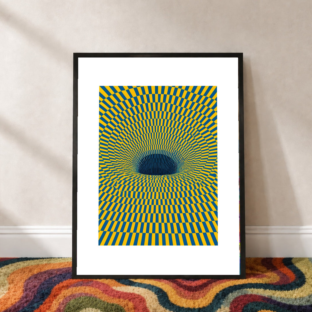 Psychedelischer Strudel in Gelb-Blau Poster – Schwarzer Rahmen – Wohnzimmer Mockup