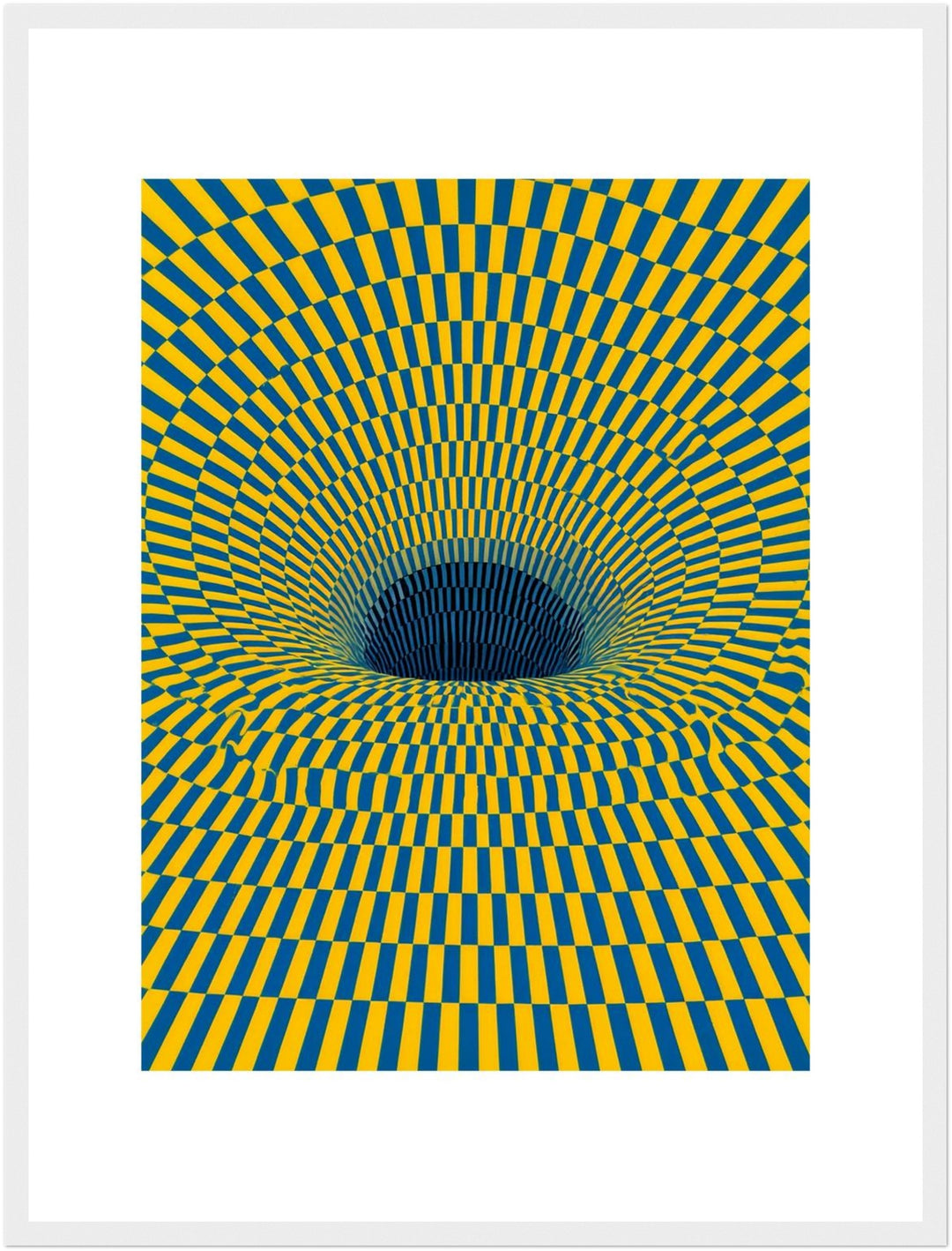 Psychedelischer Strudel in Gelb-Blau Poster – Weißer Rahmen – Wohnzimmer Mockup