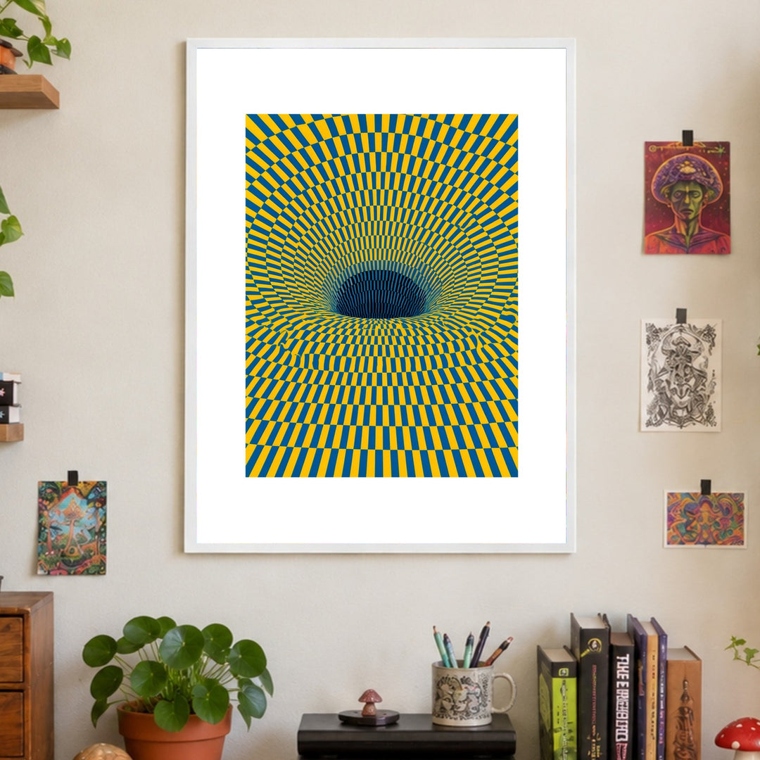 Psychedelischer Strudel in Gelb-Blau Poster – Weißer Rahmen – Wohnzimmer Mockup
