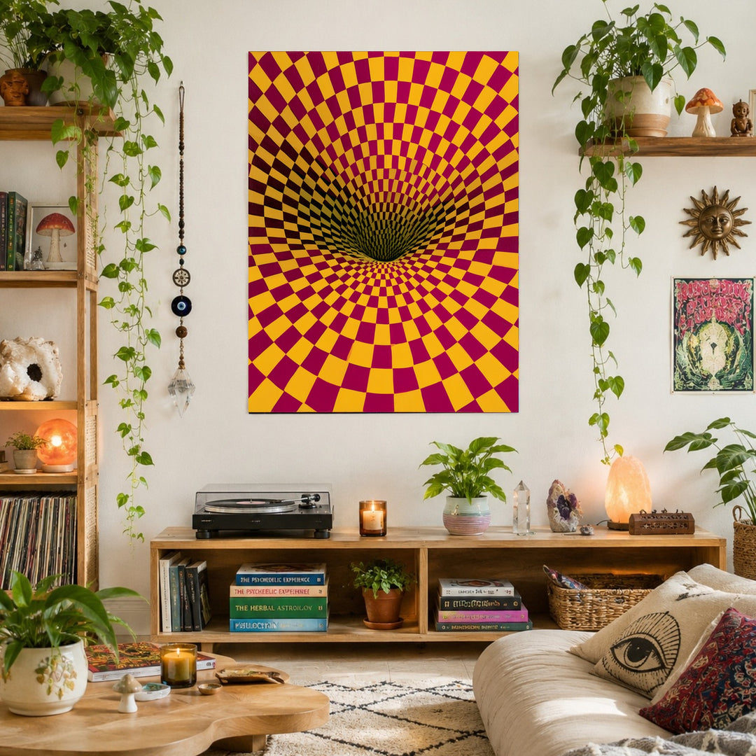 Psychedelischer Schachbrett-Strudel Poster – Zimmerszene