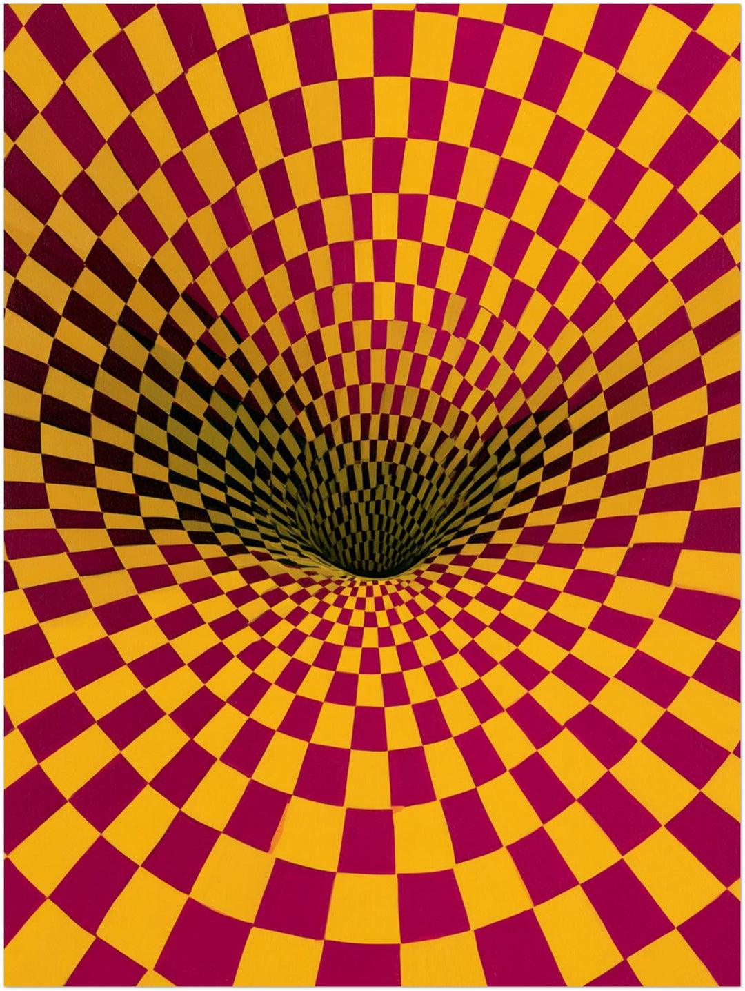 Psychedelischer Schachbrett-Strudel Leinwandbild – Zimmerszene