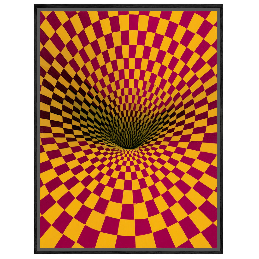 Psychedelischer Schachbrett-Strudel Leinwandbild – Schwarzer Rahmen – Wohnzimmer Mockup