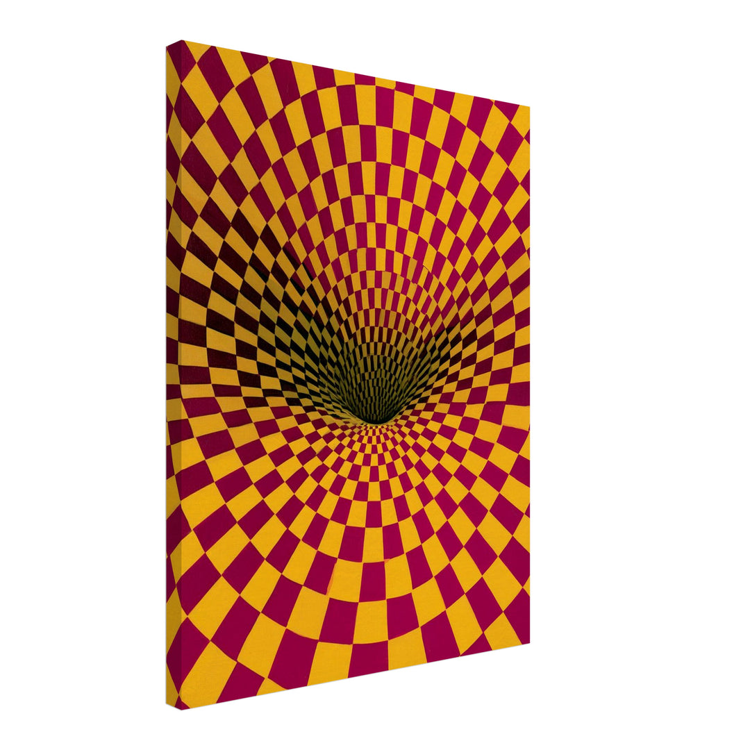 Psychedelischer Schachbrett-Strudel Leinwandbild – Schräge Ansicht – Produktfoto