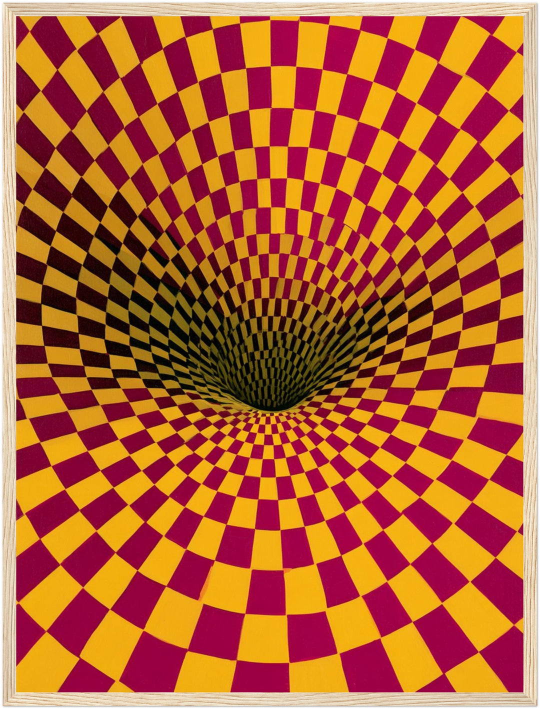 Psychedelischer Schachbrett-Strudel Poster – Holz natur Rahmen – Wohnzimmer Mockup