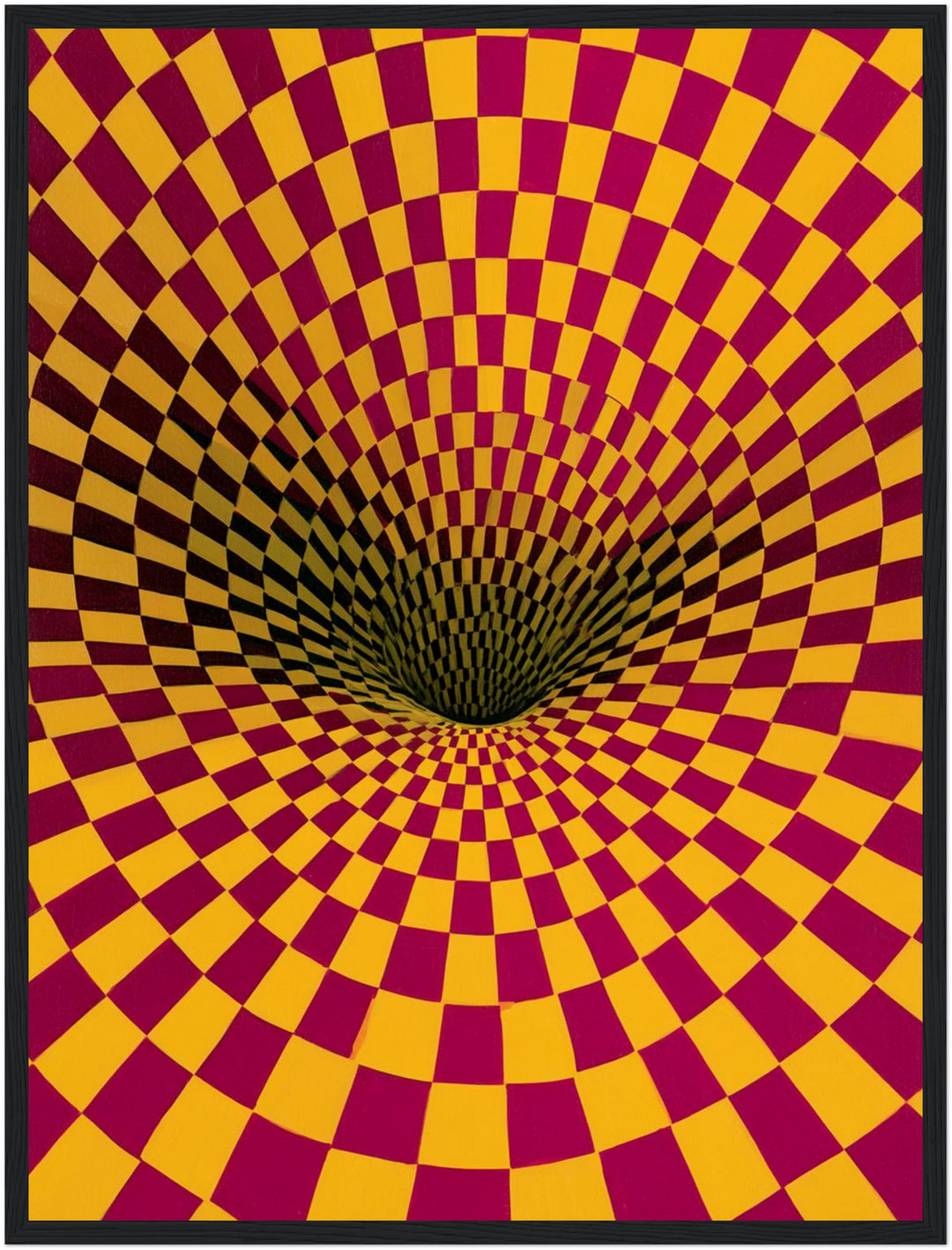 Psychedelischer Schachbrett-Strudel Poster – Schwarzer Rahmen – Wohnzimmer Mockup