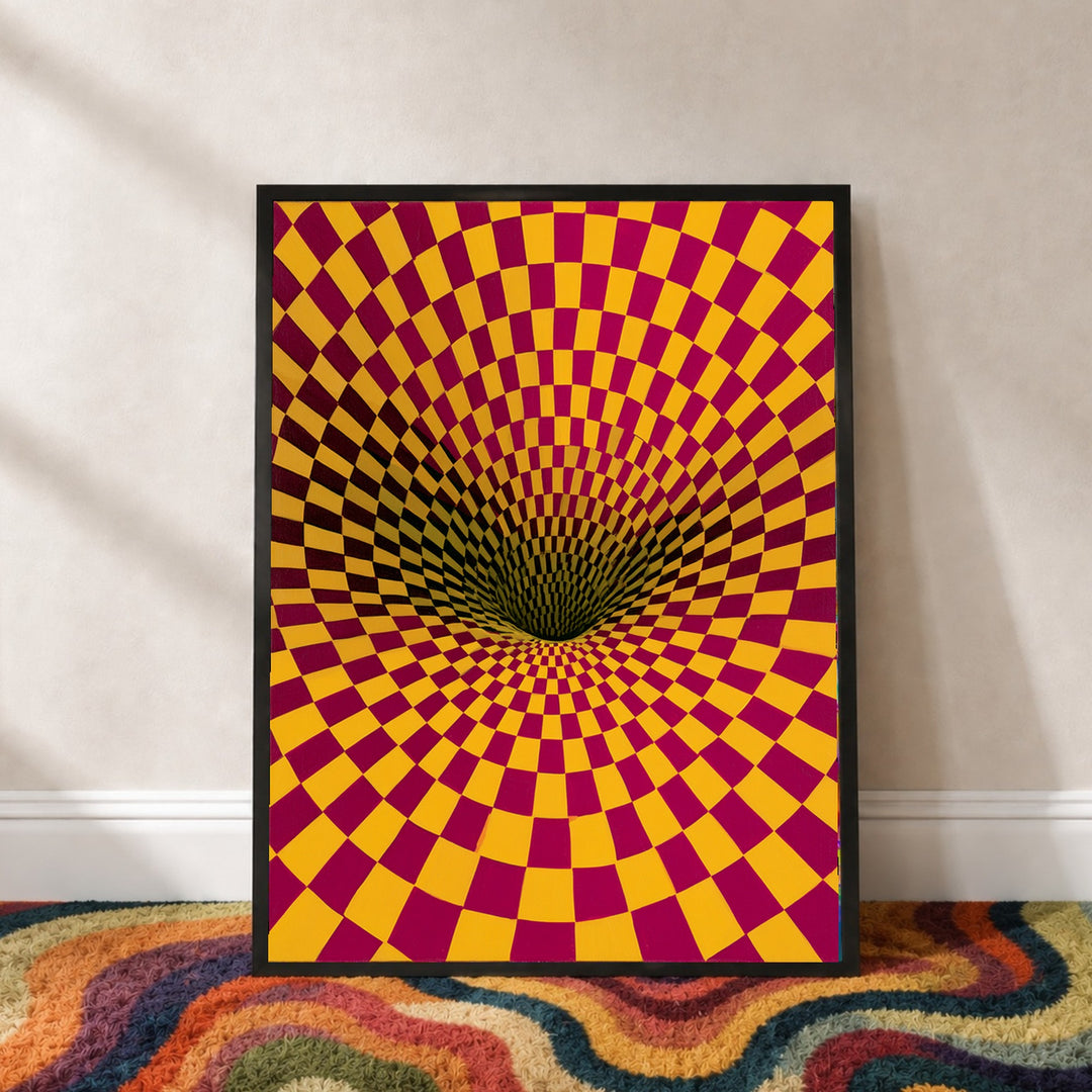 Psychedelischer Schachbrett-Strudel Poster – Schwarzer Rahmen – Wohnzimmer Mockup