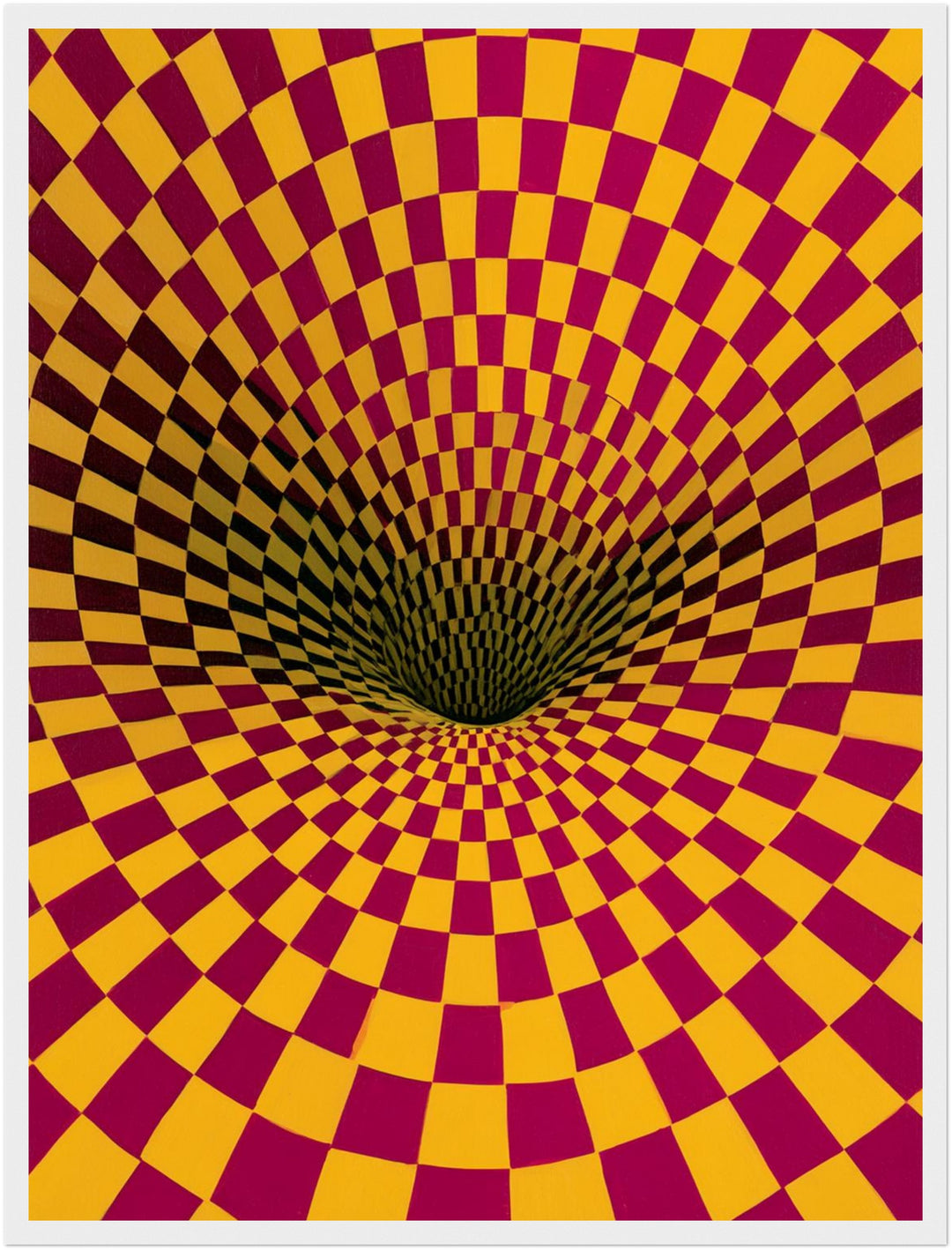 Psychedelischer Schachbrett-Strudel Poster – Weißer Rahmen – Wohnzimmer Mockup