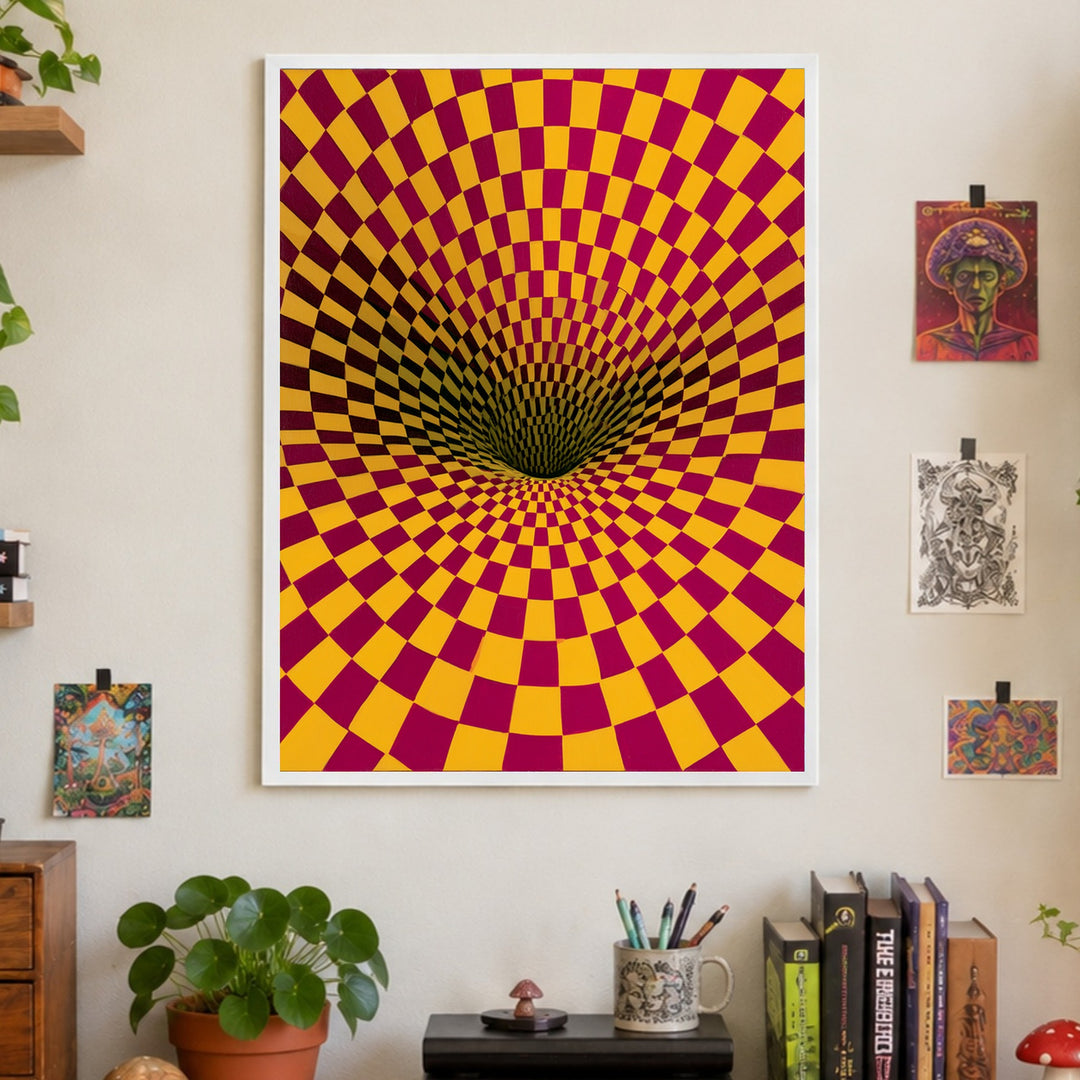 Psychedelischer Schachbrett-Strudel Poster – Weißer Rahmen – Wohnzimmer Mockup