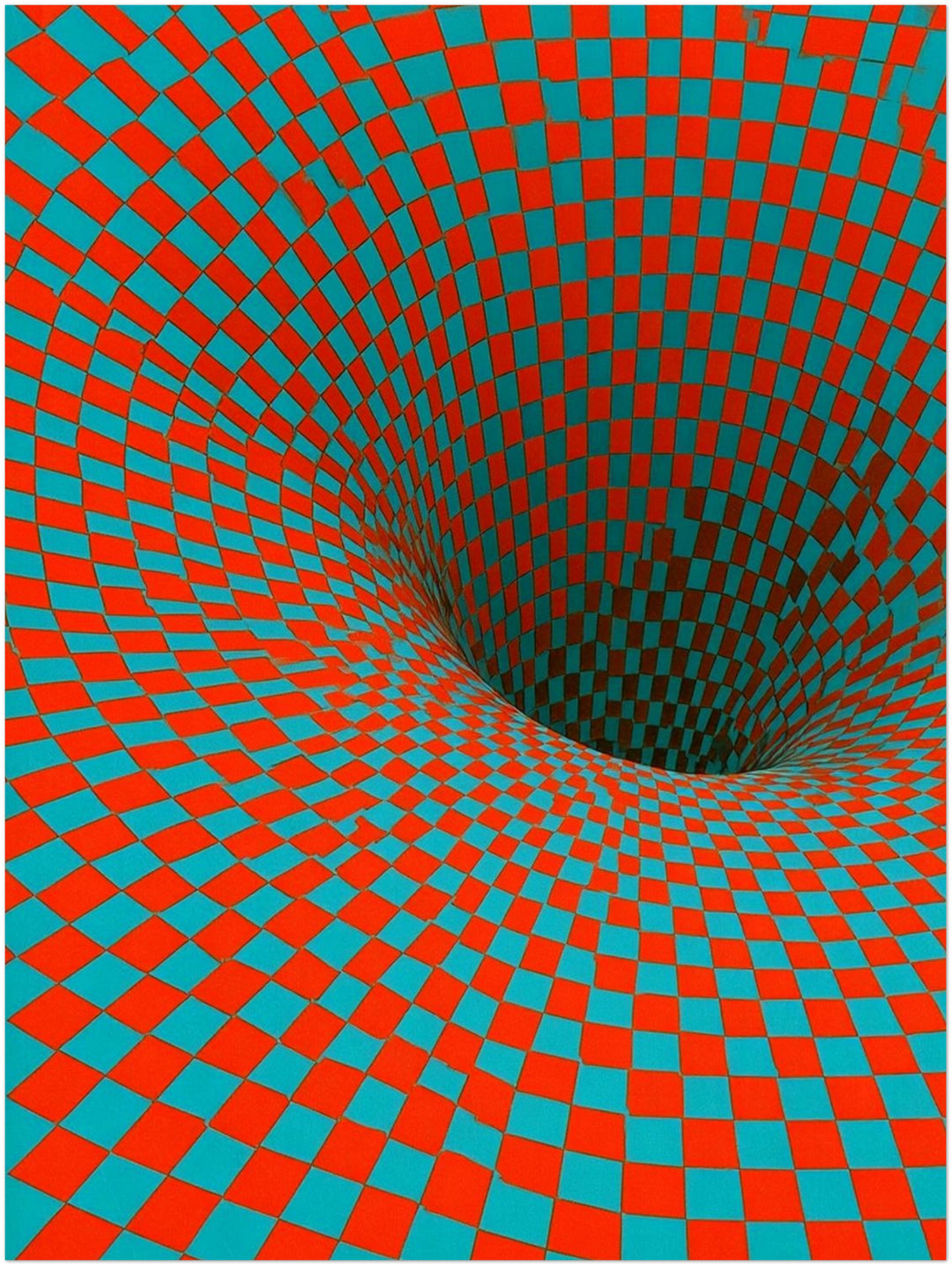 Psychedelischer Schachbrett-Strudel Leinwandbild – Zimmerszene