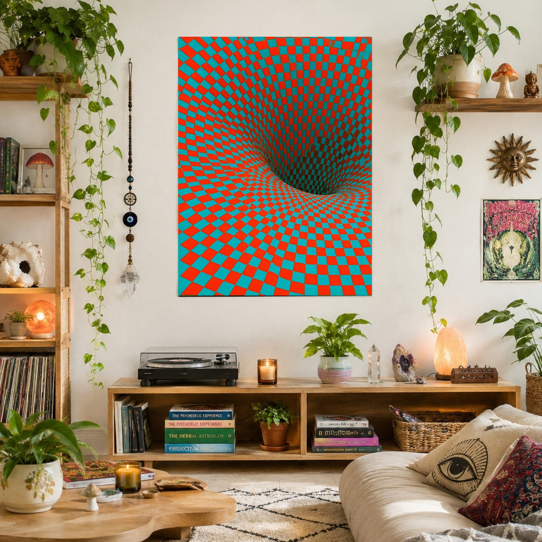 Psychedelischer Schachbrett-Strudel Leinwandbild – Zimmerszene