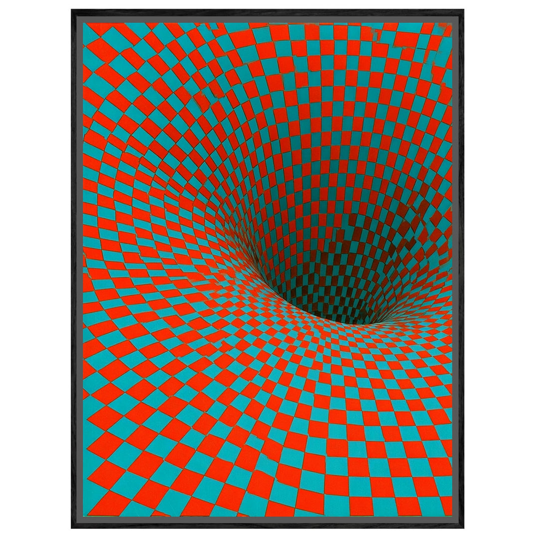 Psychedelischer Schachbrett-Strudel Leinwandbild – Schwarzer Rahmen – Wohnzimmer Mockup