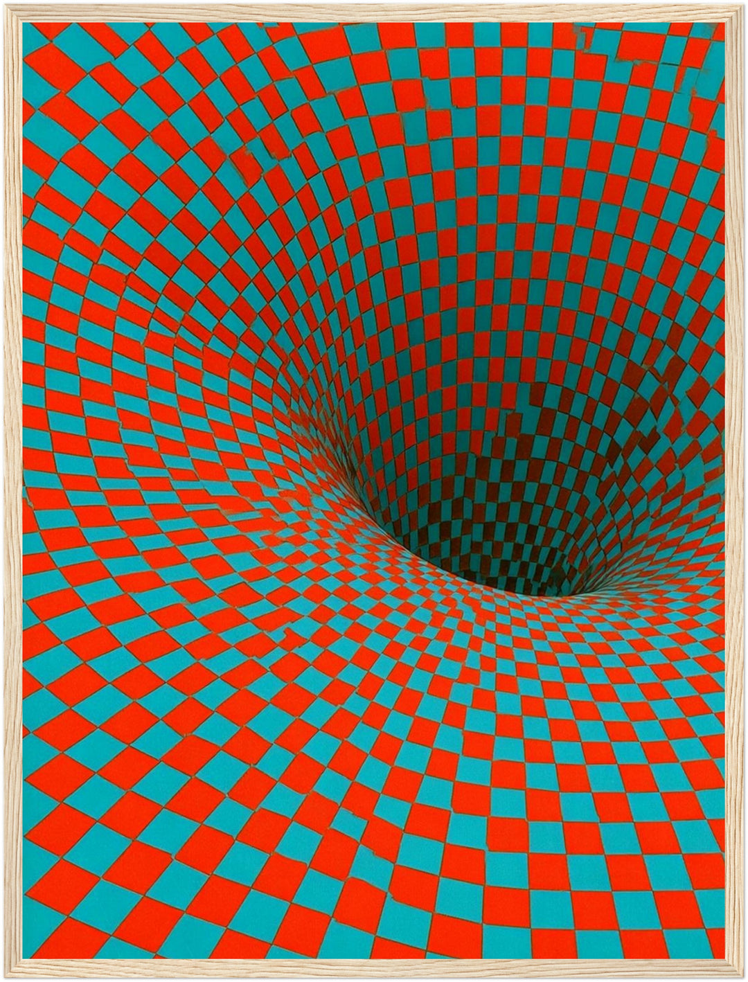 Psychedelischer Schachbrett-Strudel Poster – Holz natur Rahmen – Wohnzimmer Mockup