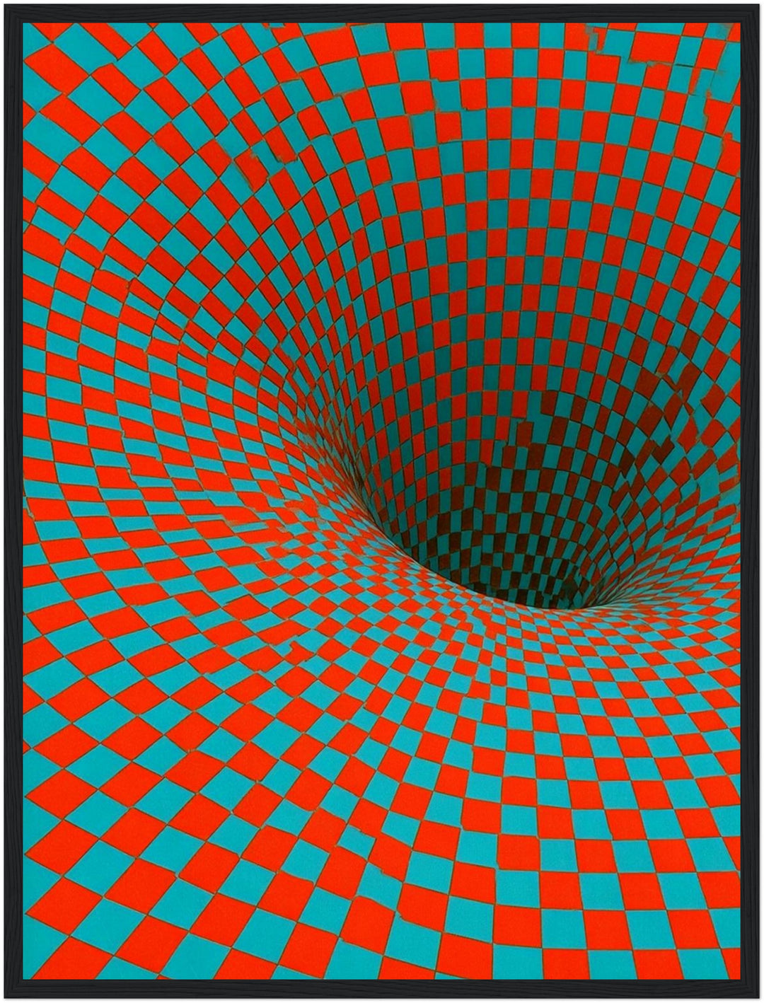 Psychedelischer Schachbrett-Strudel Poster – Schwarzer Rahmen – Wohnzimmer Mockup