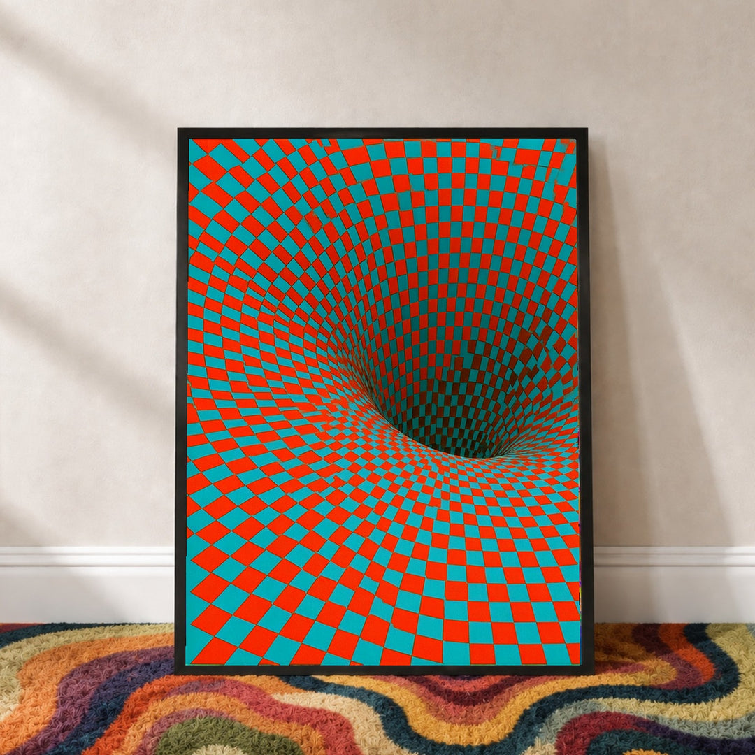 Psychedelischer Schachbrett-Strudel Poster – Schwarzer Rahmen – Wohnzimmer Mockup