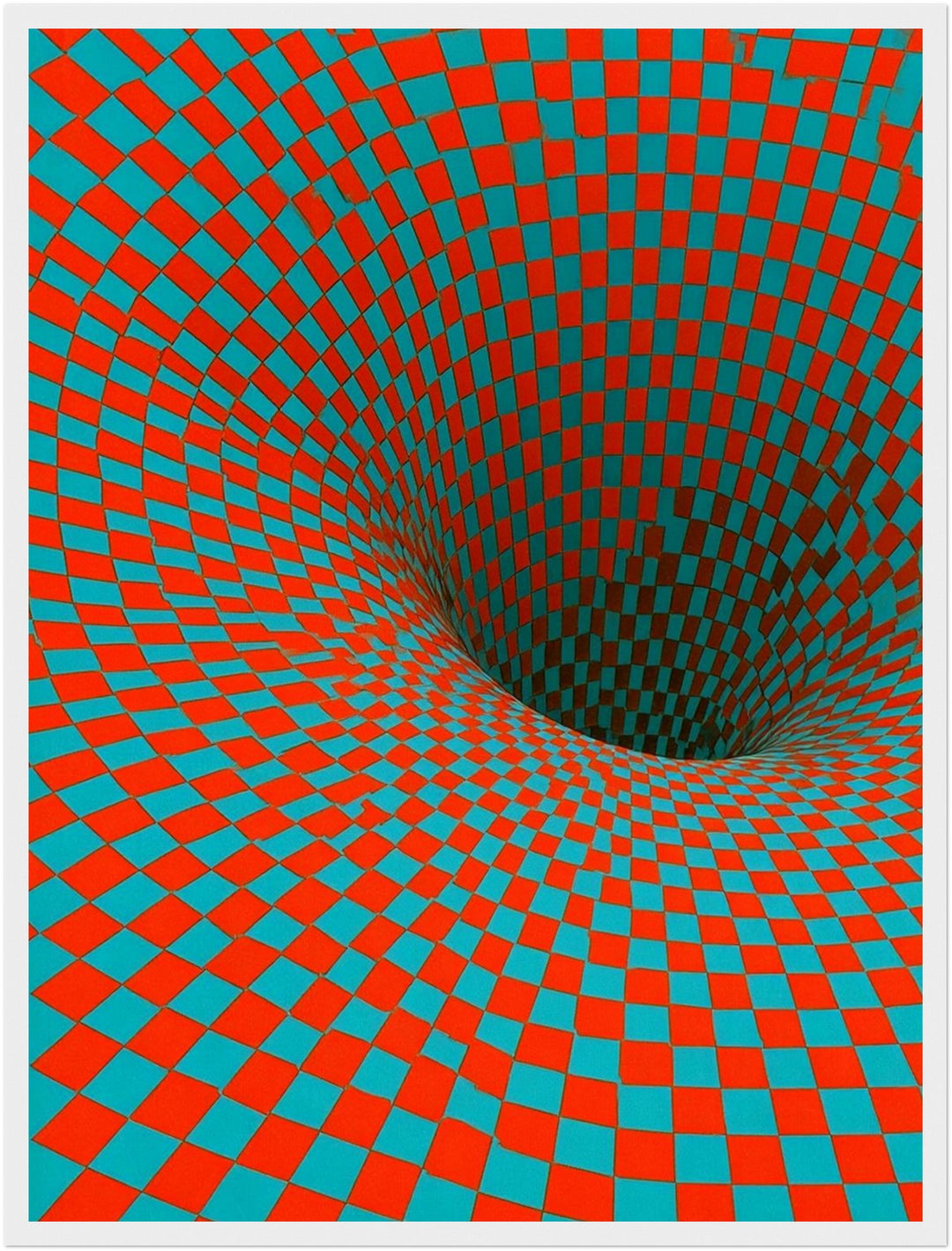 Psychedelischer Schachbrett-Strudel Poster – Weißer Rahmen – Wohnzimmer Mockup