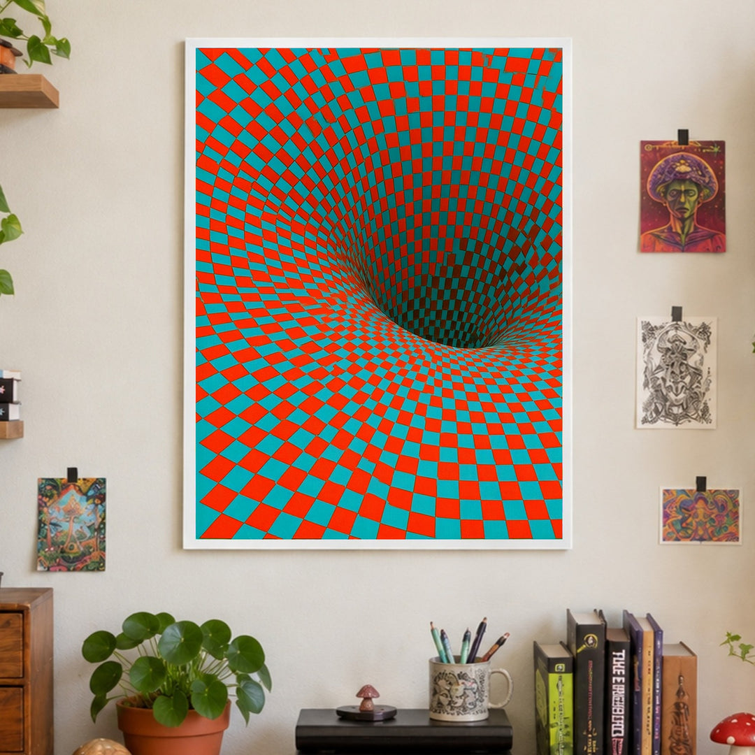 Psychedelischer Schachbrett-Strudel Poster – Weißer Rahmen – Wohnzimmer Mockup