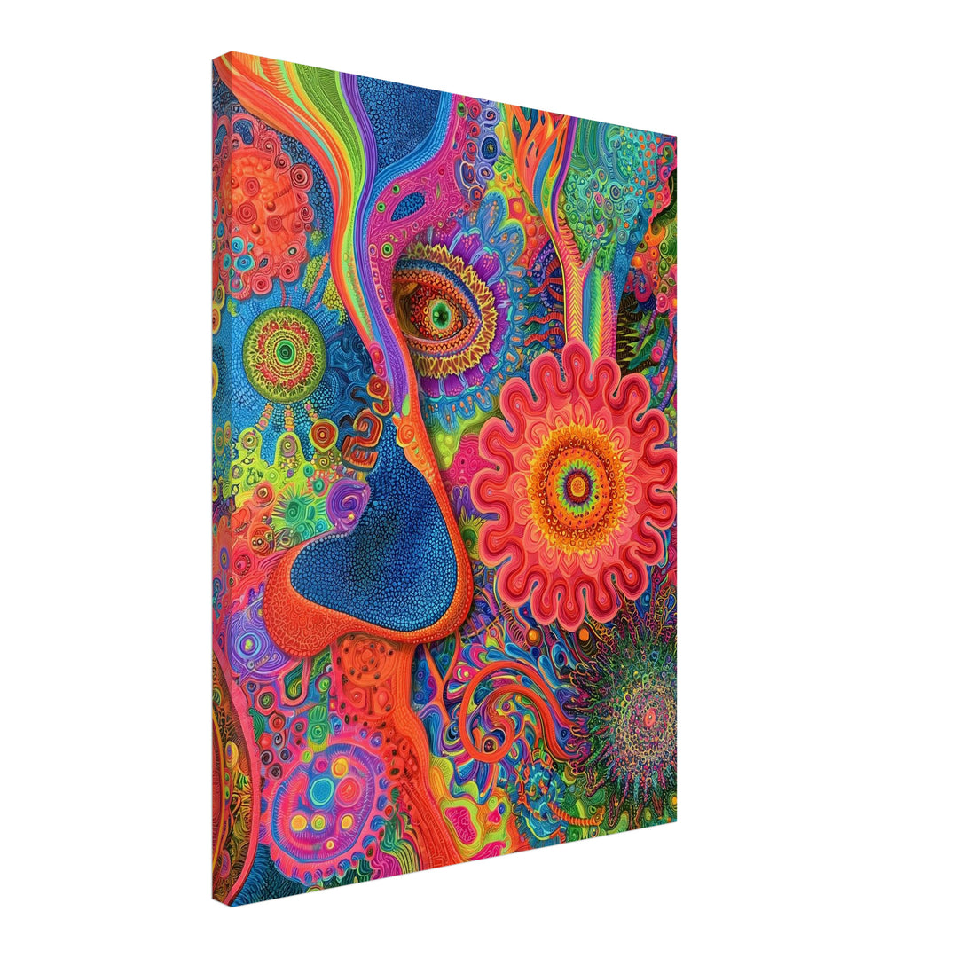 Psychedelisches Augenblüten Mandala Leinwandbild – Schräge Ansicht – Produktfoto