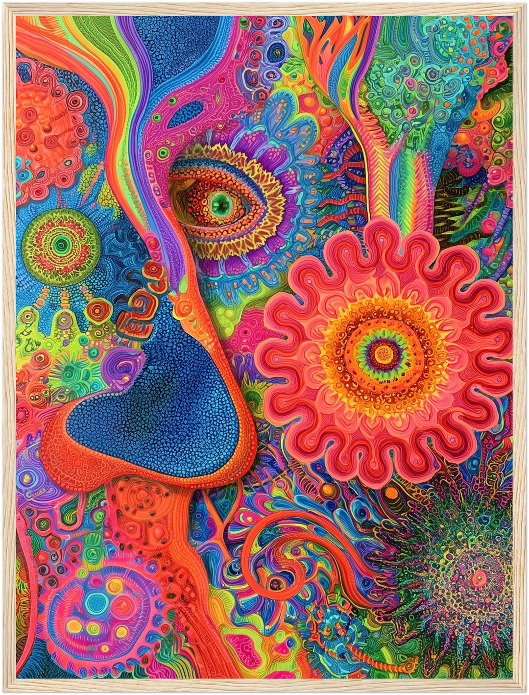 Psychedelisches Augenblüten Mandala Poster – Holz natur Rahmen – Produktfoto