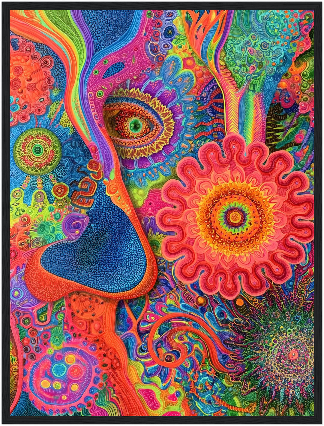 Psychedelisches Augenblüten Mandala Poster – Schwarzer Rahmen – Produktfoto