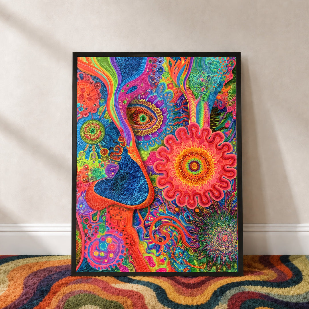 Psychedelisches Augenblüten Mandala Poster – Schwarzer Rahmen – Produktfoto