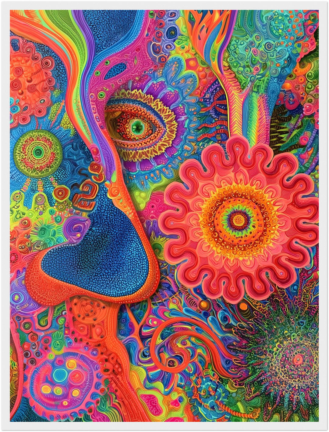 Psychedelisches Augenblüten Mandala Poster – Weißer Rahmen – Produktfoto