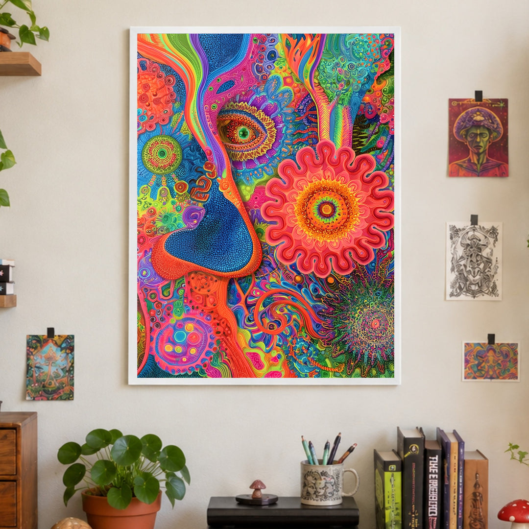 Psychedelisches Augenblüten Mandala Poster – Weißer Rahmen – Produktfoto