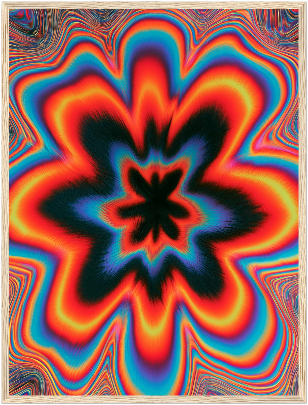 Psychedelische Blüte in Flammen Poster – Holz natur Rahmen – Produktfoto