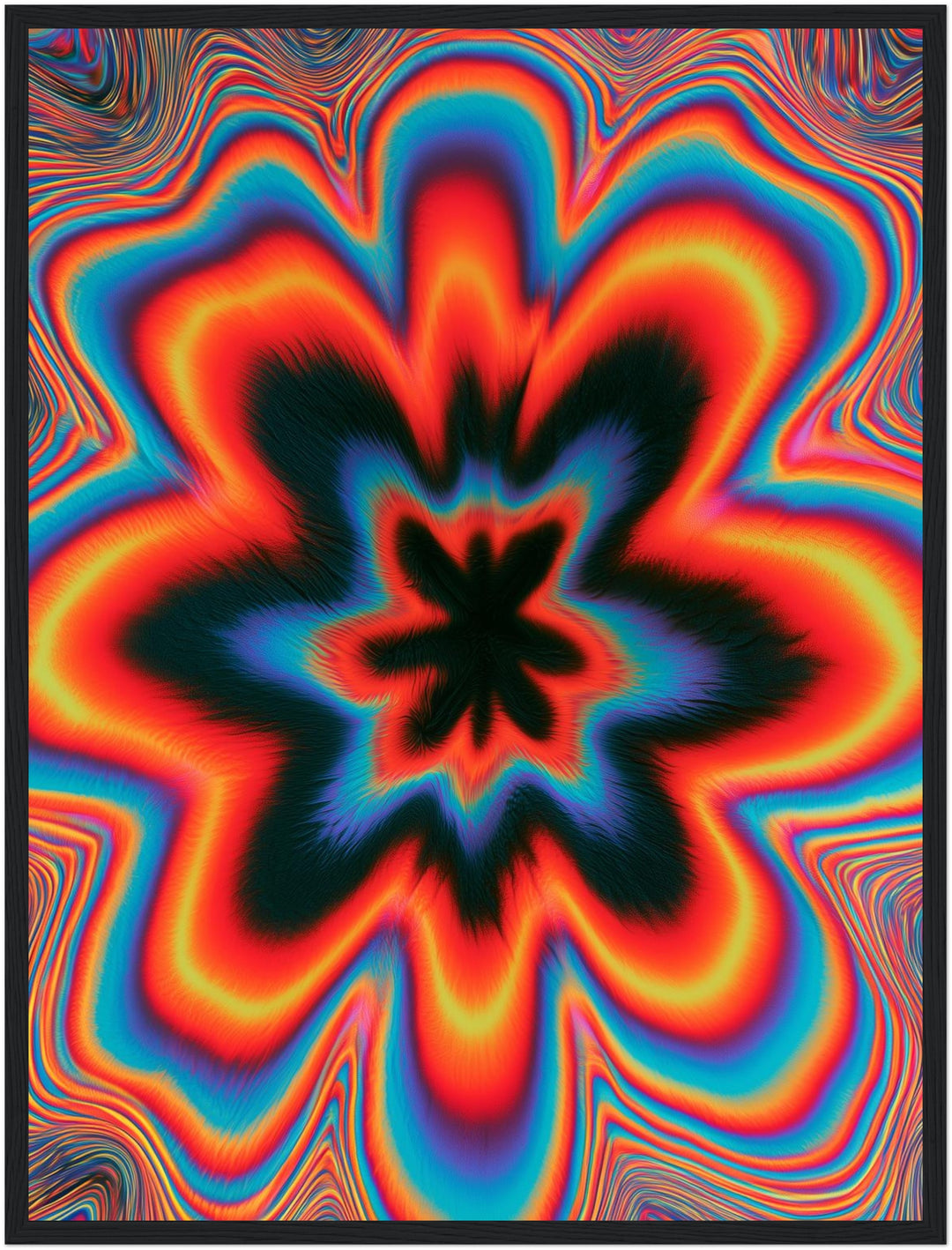 Psychedelische Blüte in Flammen Poster – Schwarzer Rahmen – Produktfoto