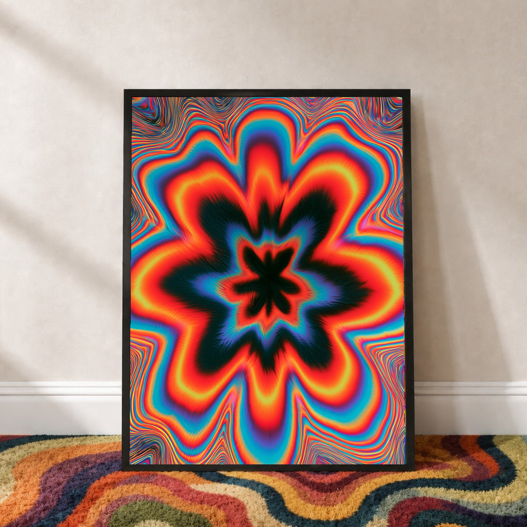 Psychedelische Blüte in Flammen Poster – Schwarzer Rahmen – Produktfoto