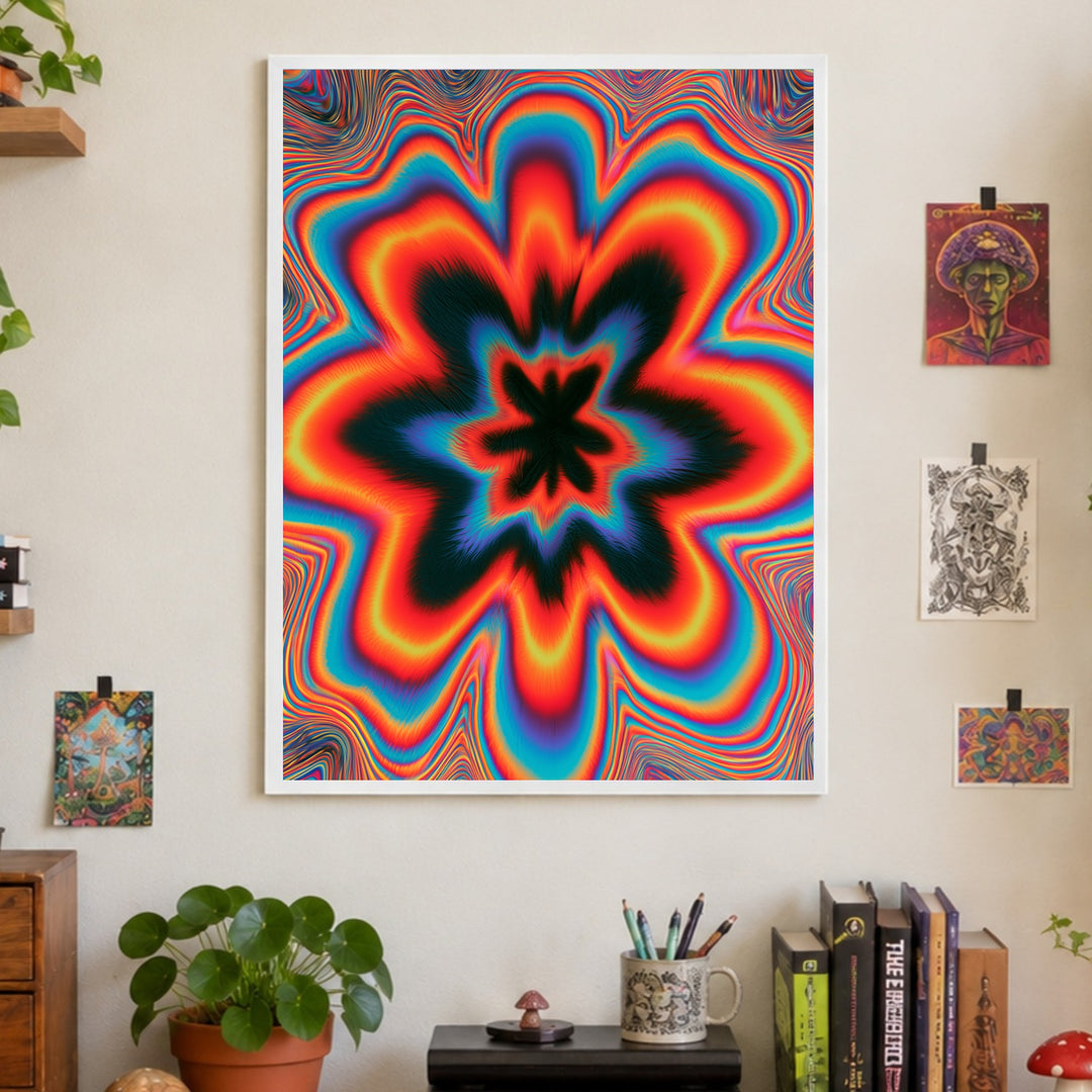 Psychedelische Blüte in Flammen Poster – Weißer Rahmen – Produktfoto