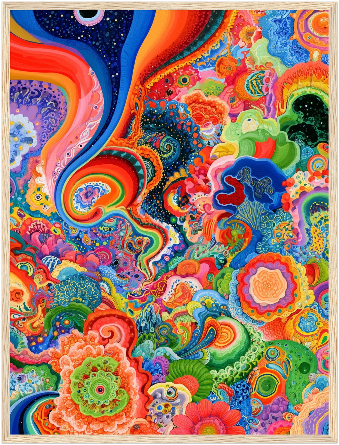 Psychedelische Farbwellen Poster – Holz natur Rahmen – Produktfoto
