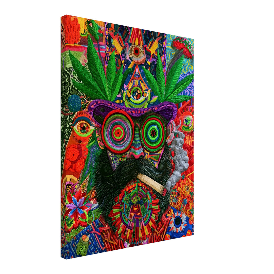 Psychedelische Katze mit Joint Leinwandbild – Schräge Ansicht – Produktfoto