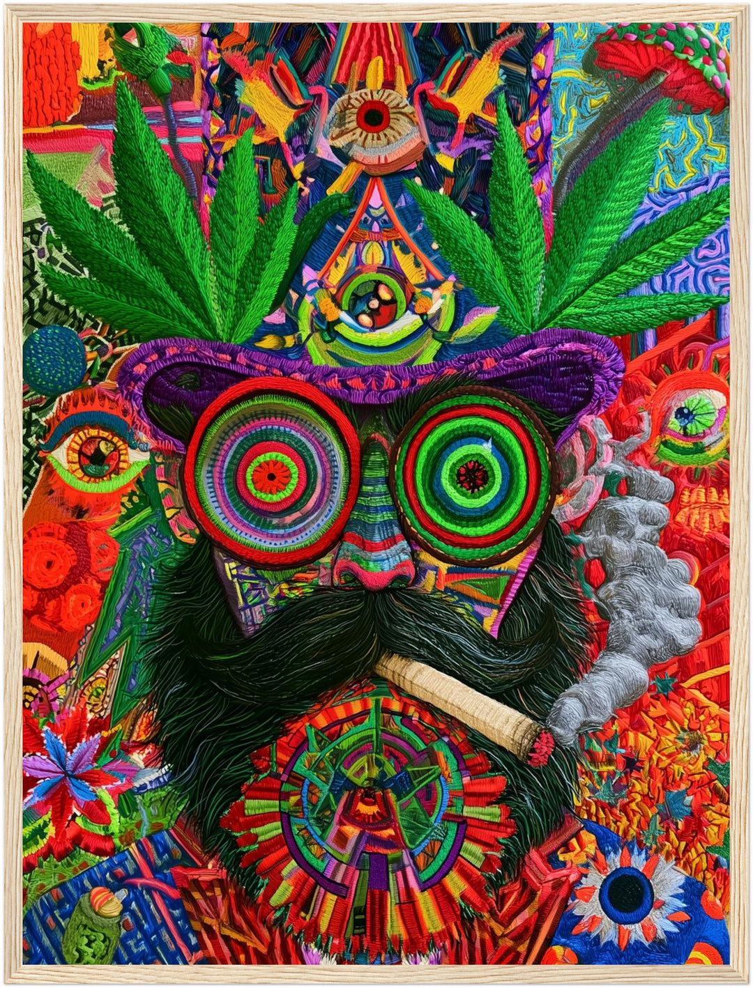 Psychedelische Katze mit Joint Poster – Holz natur Rahmen – Produktfoto
