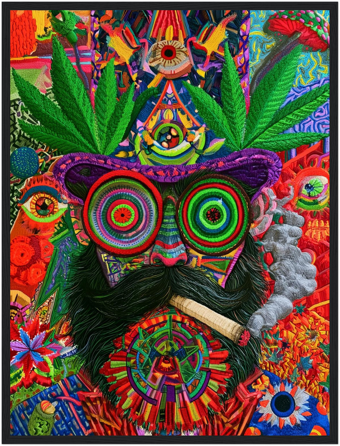 Psychedelische Katze mit Joint Poster – Schwarzer Rahmen – Produktfoto