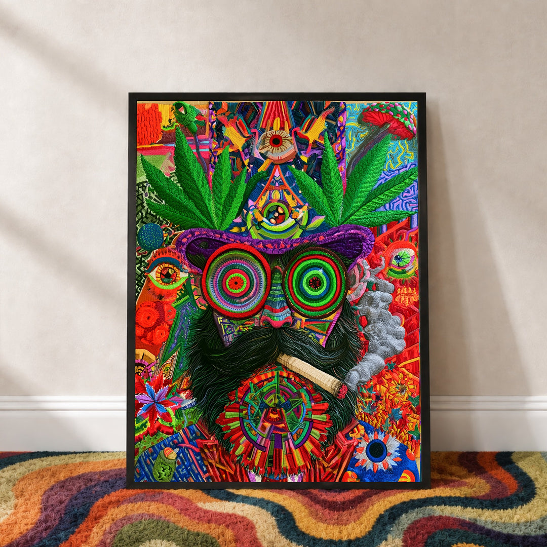 Psychedelische Katze mit Joint Poster – Schwarzer Rahmen – Produktfoto
