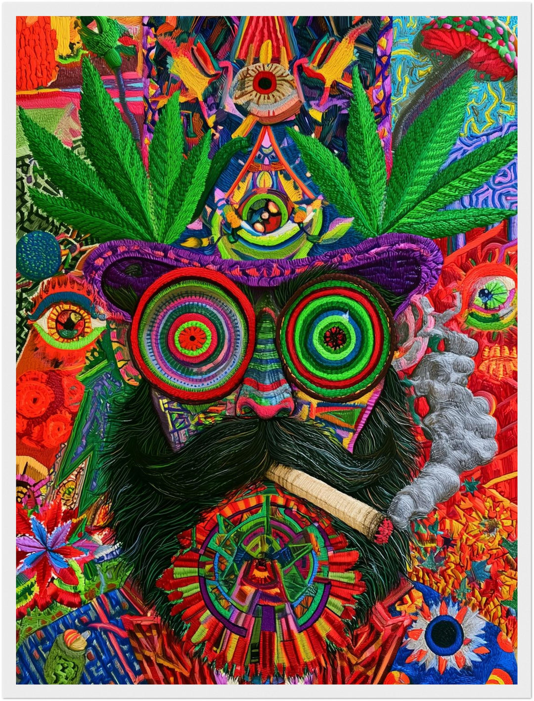 Psychedelische Katze mit Joint Poster – Weißer Rahmen – Produktfoto