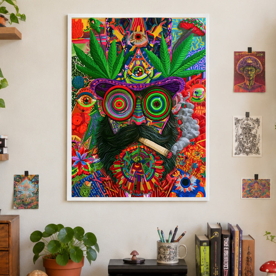 Psychedelische Katze mit Joint Poster – Weißer Rahmen – Produktfoto