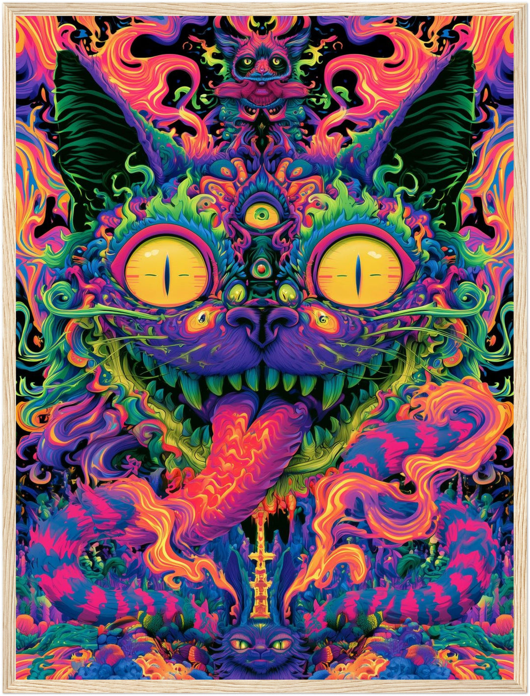 Psychedelische Katze der Träume Poster – Holz natur Rahmen – Produktfoto