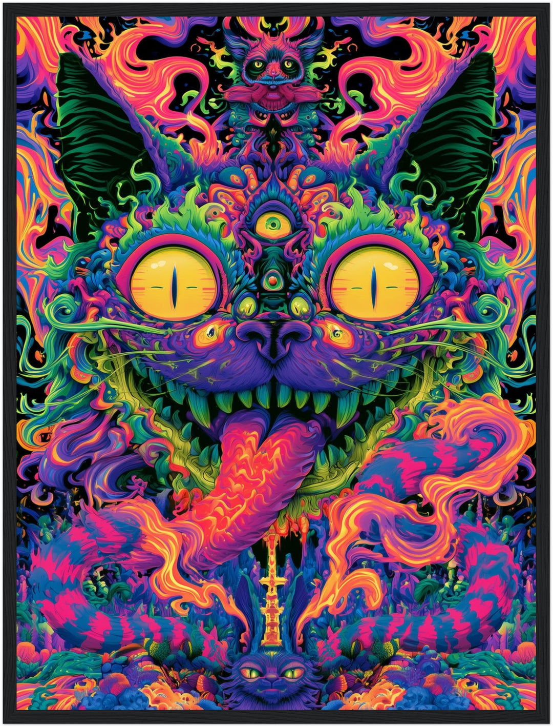 Psychedelische Katze der Träume Poster – Schwarzer Rahmen – Produktfoto