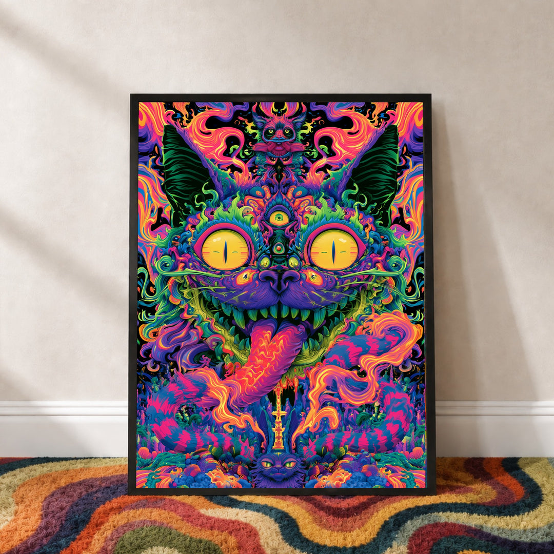 Psychedelische Katze der Träume Poster – Schwarzer Rahmen – Produktfoto
