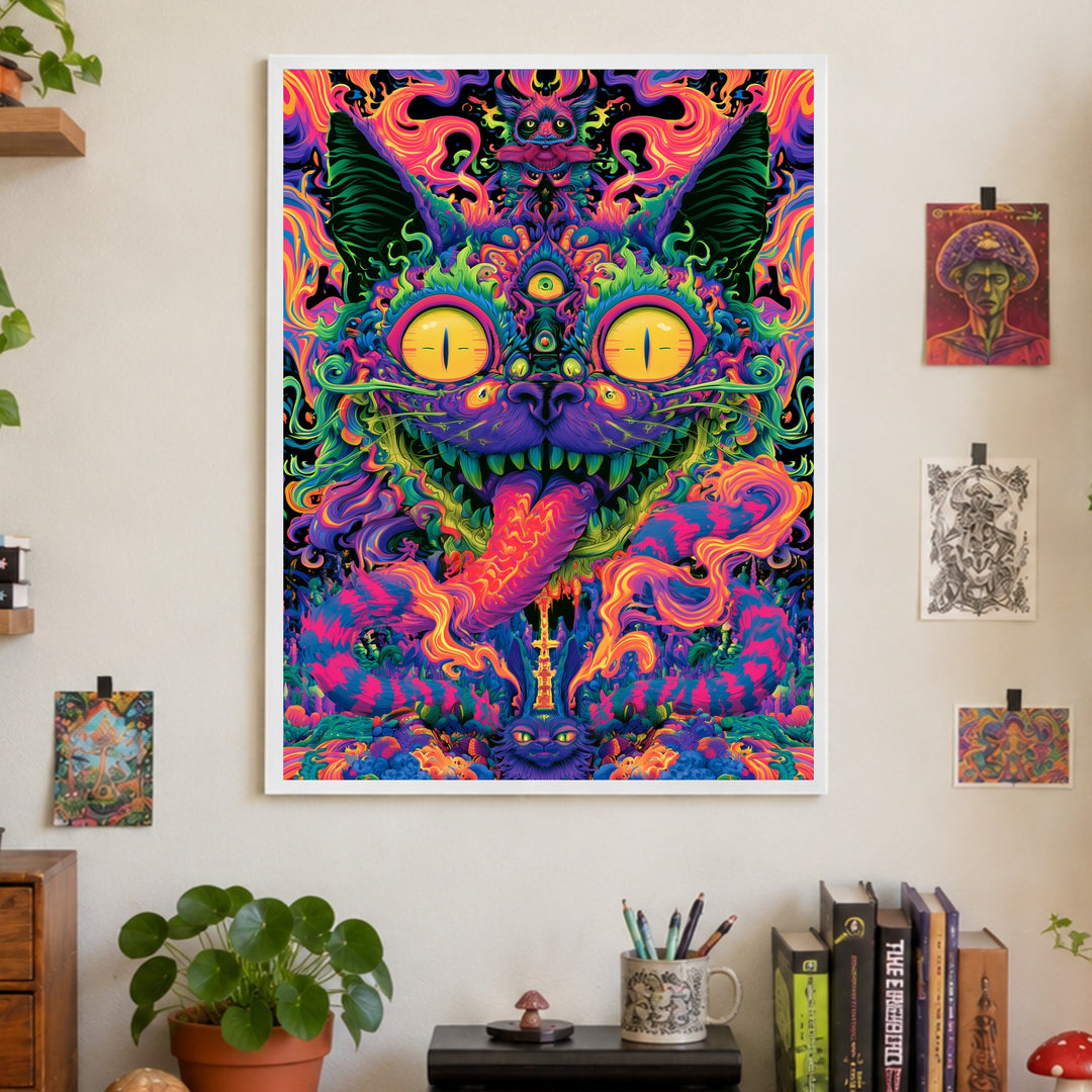 Psychedelische Katze der Träume Poster – Weißer Rahmen – Produktfoto