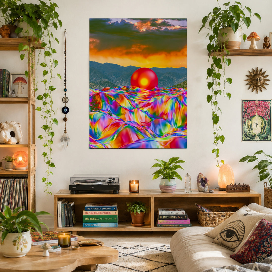 Psychedelischer Sonnenuntergang mit Kugel Leinwandbild – Ohne Rahmen – Produktfoto