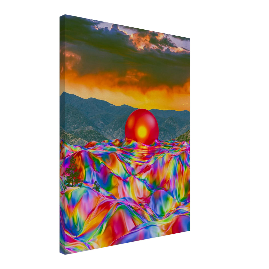 Psychedelischer Sonnenuntergang mit Kugel Leinwandbild – Schräge Ansicht – Produktfoto