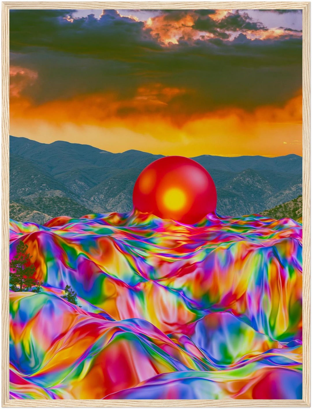 Psychedelischer Sonnenuntergang mit Kugel Poster – Holz natur Rahmen – Produktfoto